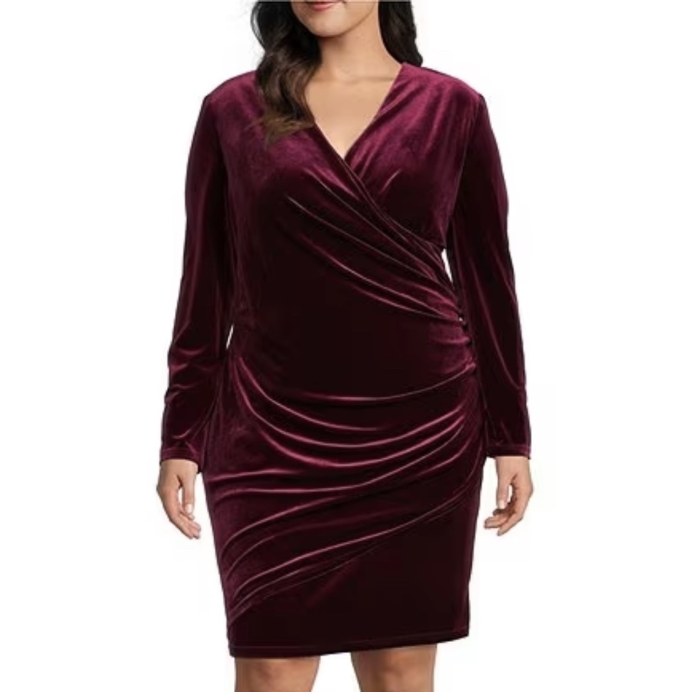NWT Alex Marie Nikki Stretch Velvet Ruched Social Sheath Dress in Mahogany